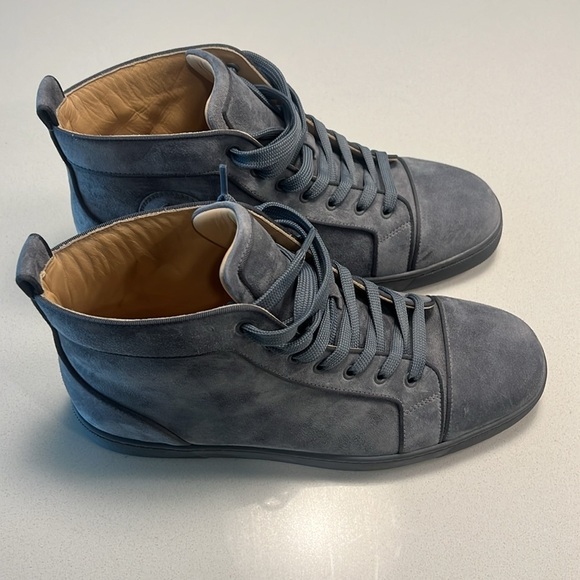 CHRISTIAN LOUBOUTIN Louis Logo Grosgrain-Trimmed Suede High-Top Sneakers Gray - Picture 1 of 16